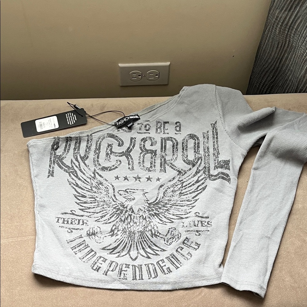 Fashion Nova Light Gray Rock & Roll Eagle one shoulder Long Sleeve Top